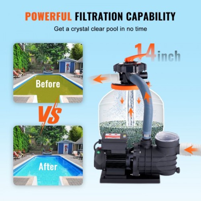 VEVOR Αντλία Φίλτρου Άμμου Πισίνας 14 0.75HP 450W με 6-δρόμων Βαλβί...