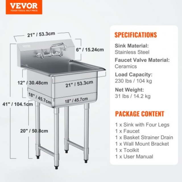 VEVOR Νεροχύτης Ανοξείδωτος Μονός με Βρύση, 53x104 εκ.  SYLSSCDCY18...