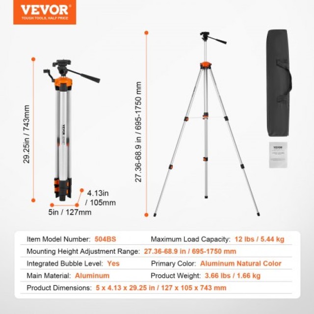 Τρίποδο VEVOR Laser Level ¼ x 20, Ρυθμιζόμενο Ύψος 27.36-68.11 ίντσες  QZSJJBZSSTS0DI7ADV0