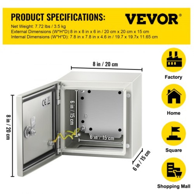 Κουτί Ηλεκτρικών Συνδέσεων VEVOR NEMA 4X 8x8x6 Ατσάλινο, IP66 Αδιάβροχο & Ανθεκτικό στη Σκόνη  DQXJSTCFS20X20X15V0