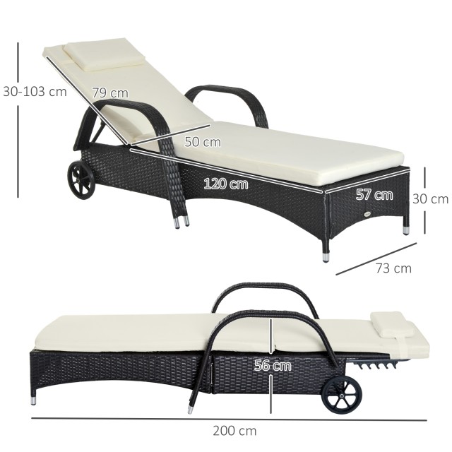 Ξαπλώστρα Outsunny σε PE Rattan με επένδυση και ρόδες μαύρο 200 x 73 x 56-103 cm 862-005BK