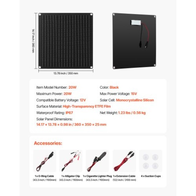 VEVOR Ηλιακός Φορτιστής Μπαταρίας 20W 12V με Έξυπνο Ελεγκτή & 3 Καλ...