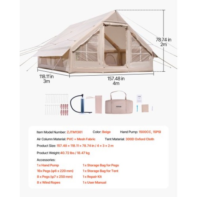 VEVOR Φουσκωτή Σκηνή Glamping 5-8 Ατόμων με Αντλία KJZP431MCQWZUXN7IV0