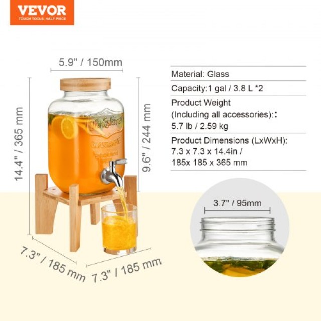 VEVOR  Διανομέας Ποτών 1 Γαλονιού, Γυάλινος Διανομέας με Βάση και Ανοξείδωτη Βρύση για Πάρτι YLFPQBLFPQKCTIVFNV0