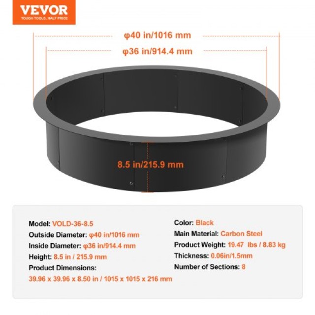 VEVOR Δακτύλιος Εστίας Φωτιάς 40” Εξωτερικό 36” Εσωτερικό Χάλυβας DIY Κατασκήνωση  YXHH36INCH157GUFLV0