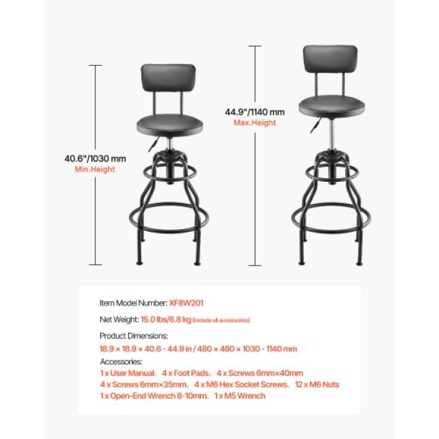VEVOR Ρυθμιζόμενο Σκαμπό Εργαστηρίου με Πλάτη 300 lbs Φορτίο GJXCDB...