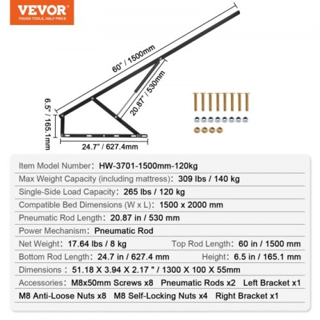 VEVOR  Σετ Ανύψωσης Κρεβατιού 59x79 ιντσών, Συμβατό Μέγεθος Κρεβατιού, Φορτίο 309 lbs, DIY Μηχανισμός Τοίχου CXSJQ1500MM1A79I8V0