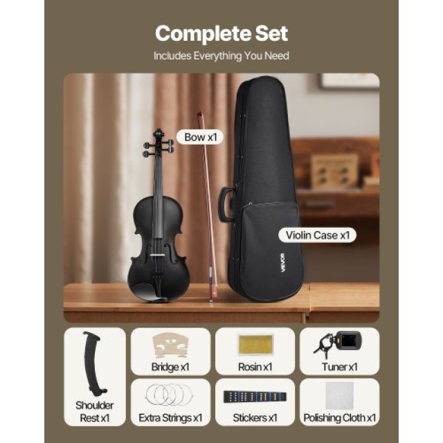 VEVOR Βιολί 355mm Σετ για Αρχάριους με Θήκη και Ρετσίνι Μαύρο SMXTQ...