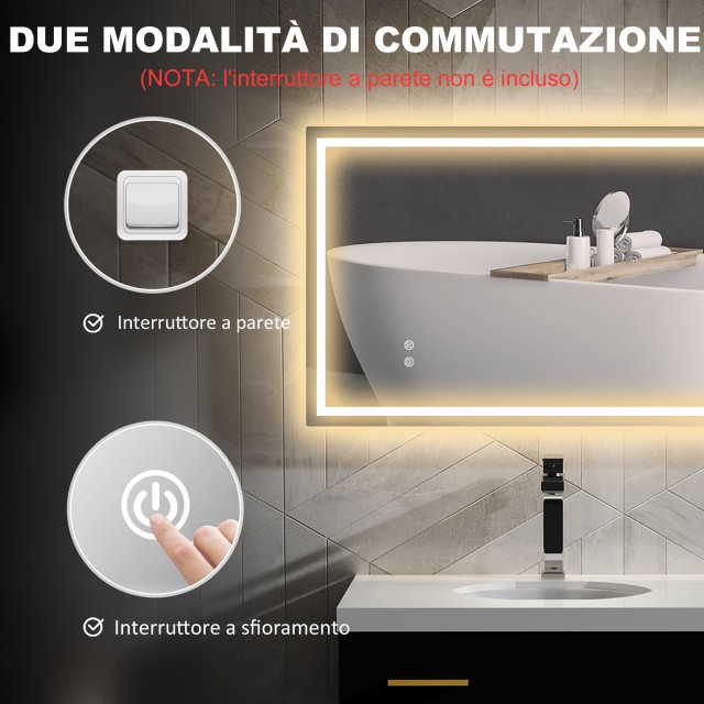 HOMCOM  Καθρέφτης Μπάνιου με Ρυθμιζόμενα LED Φώτα σε 3 Χρώματα και Αντικραδασμικό Στρώμα, από Γυαλί και Μέταλλο, 100x3x60 εκ.  834-812V00CR