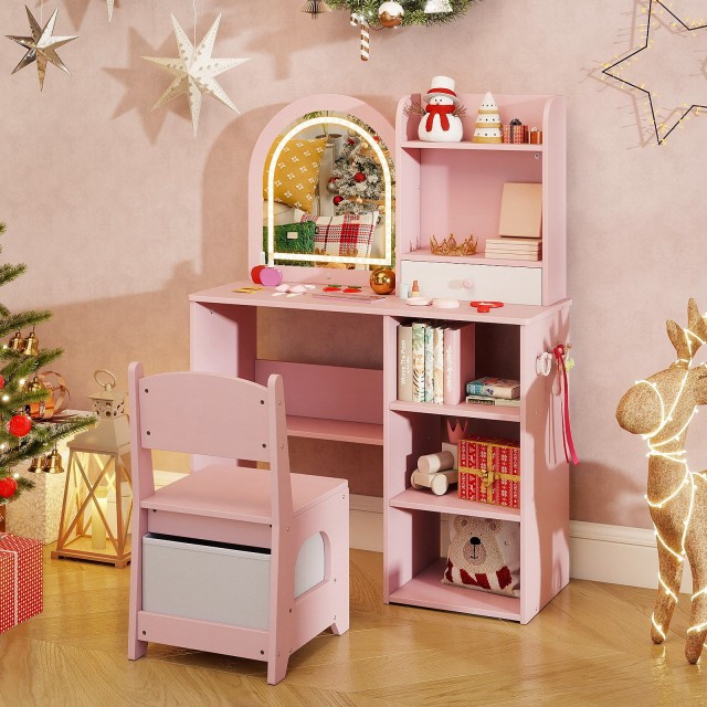 Costway Τουαλέτα Μακιγιάζ με Καρέκλα 103x77x30εκ - Ροζ/Λευκό TP10450PI