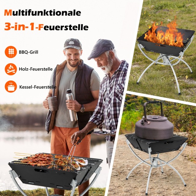 Costway 45 x 45 x 49 cm 3 σε 1 εστία φωτιάς με σχάρες από ανοξείδωτο χάλυβα & τσάντα μεταφοράς & γάντια για κάμπινγκ σχάρα NP11403DK