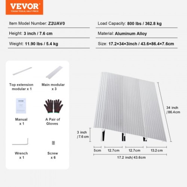Ράμπα Πόρτας VEVOR, 3 Ύψος, 800 lbs Φορτίο, Αλουμινίου για Αμαξίδια  PJSMJLPD3YC76Z2UAV0