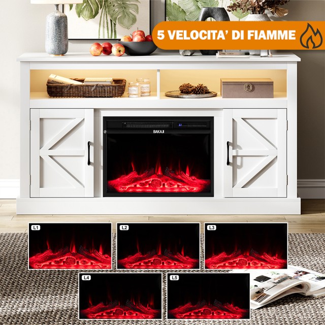 BAKAJI Λευκό Έπιπλο TV με Ενσωματωμένο Τζάκι με 3D Εφέ Φλόγας 148 x...