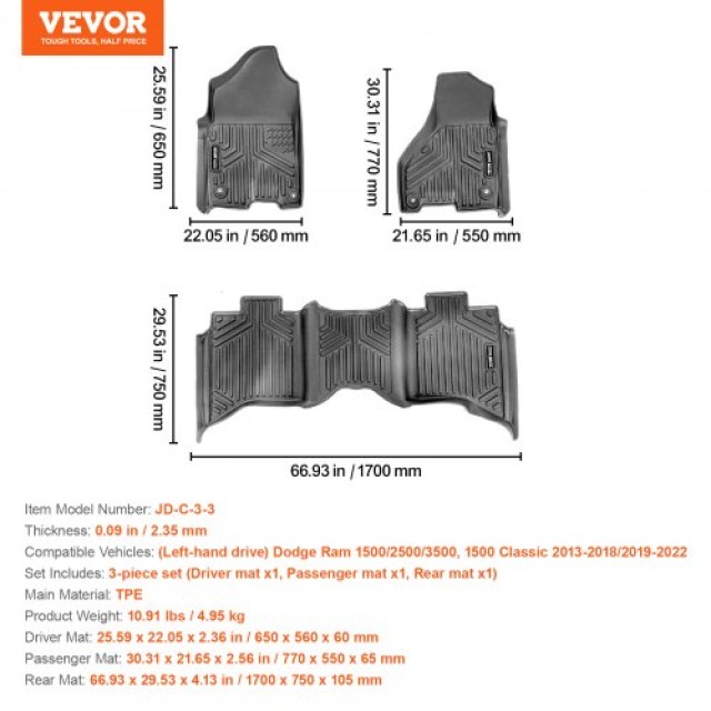 VEVOR  Πατάκια Αυτοκινήτου για Dodge Ram 1500/2500/3500 2013-2022  KCDBDDQRAM15AHRUDV0