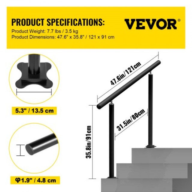 VEVOR  Μαύρο Κιγκλίδωμα Εξωτερικής Σκάλας 4ft, Ρυθμιζόμενο 0-60° για Κήπο LZLTFS4YCYGHSDLZ1V0