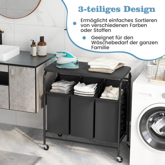 Costway Καλάθι Ρούχων με Σιδερώστρα & 3 Θήκες & Καπάκι & Ρόδες Οργα...