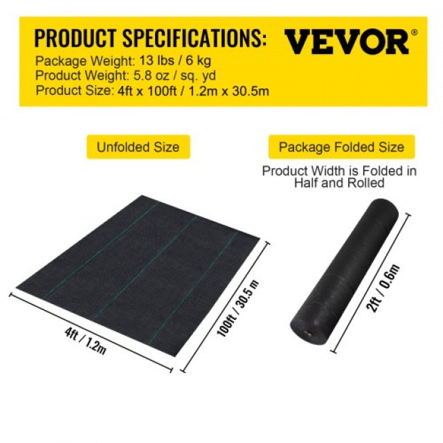 Υφασμάτινο Φράγμα Ζιζανίων VEVOR, 5.8 OZ, 4ft x 100ft, Μαύρο  FCBY41005.8OZNQAYV0
