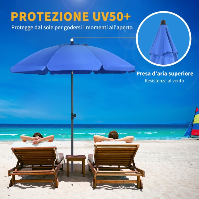 Outsunny Ομπρέλα Παραλίας 1.8x2 μ με Κλίση 45° και 8 Ακτίνες, Πολυεστέρας και Ατσάλι, Μπλε 84D-221V00BU