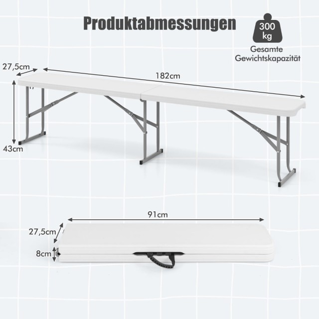 Costway Πτυσσόμενο παγκάκι μπύρας 182x27,5x43 εκ. με λαβή, λευκό πλαστικό NP11891WH-1