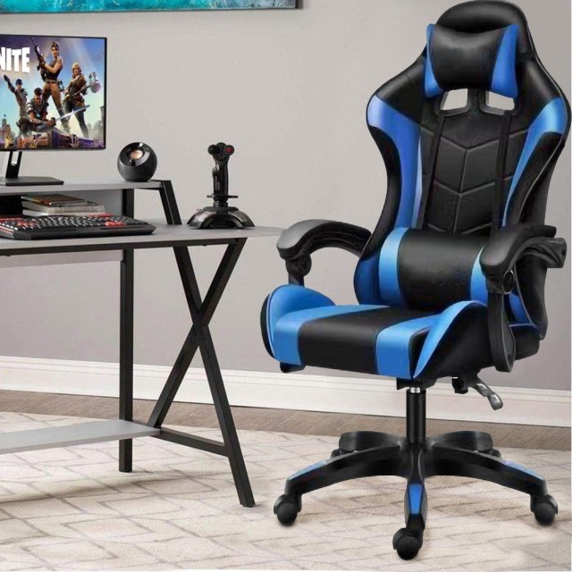 BAKAJI  Μαύρη και Μπλε Καρέκλα Gaming με Μαξιλάρι Στήριξης Κεφαλής και Οσφυϊκής Περιοχής Καρέκλα Γραφείου  02841595