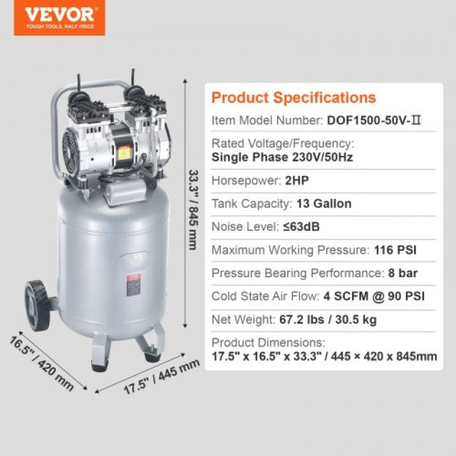 VEVOR Αεροσυμπιεστής 13 Γαλόνια 2HP 4 SCFM@90PSI Χωρίς Λάδι 116PSI  13JLLSKYJ20H1YVPNV2