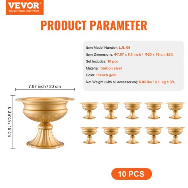 VEVOR  10 τεμ. Μεταλλική Χρυσή Βάση Βάζου 16cm για Τραπέζι Γάμου HL...