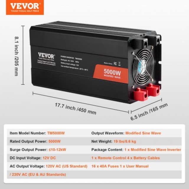 VEVOR Μετατροπέας Ισχύος 5000W DC12V σε AC120V με LCD Τηλεχειριστήρ...