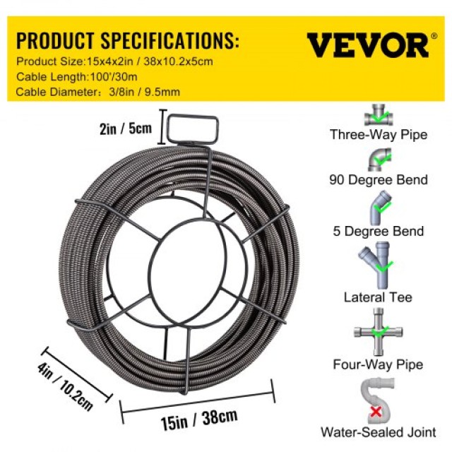 VEVOR Καλώδιο Καθαρισμού Αποχέτευσης 100ft x 3/8 Στερεός Πυρήνας Σπ...