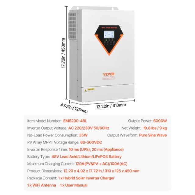 VEVOR Υβριδικός Ηλιακός Αντιστροφέας 6000W 230V WIFI 120A MPPT LWGPNKYTJ23038TOPV7