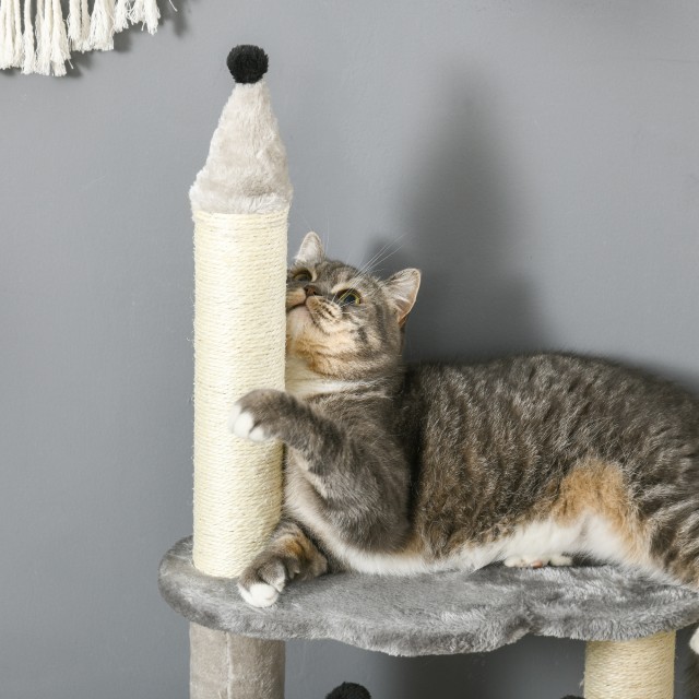 PawHut Scratching Tree για γάτες με σπίτι και κρεβάτι, βελούδινο και κάλυμμα παιχνιδιού, 48x48x86cm, γκρι D30-715V00GY