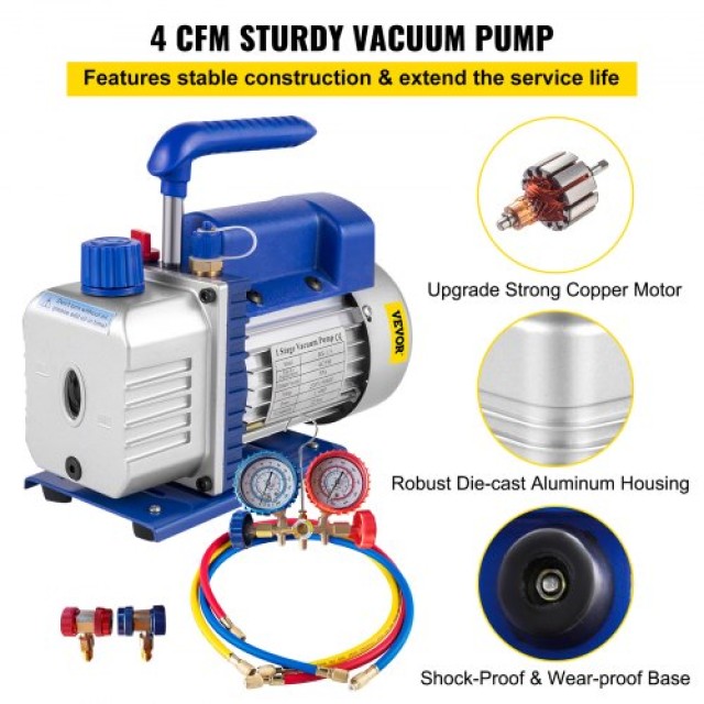 VEVOR  Σετ Αντλίας Κενού 4CFM 1/3HP με Μανόμετρο για Ψυκτικά R134a ...