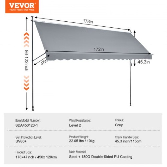 VEVOR  178x47 Τέντα Βεράντας Αναδιπλούμενη με Μανιβέλα SSSZYPHSLZS1...