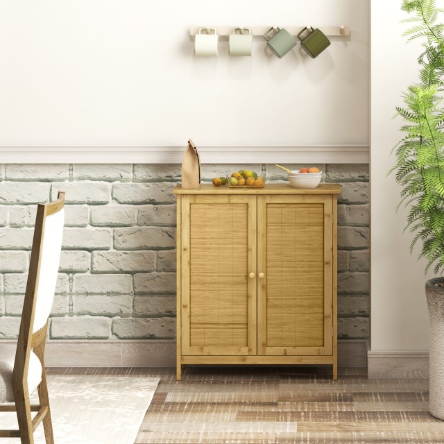 HOMCOM Μπουφές Boho στυλ από Ρατάν και Μπαμπού με 2 Πόρτες και Εσωτερικό Ράφι 60x27x67.5cm Χρώμα Ξύλου 839-981V00ND