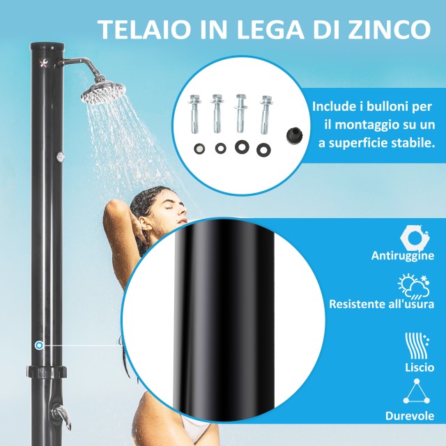Outsunny Ηλιακό ντους 20L με κάτω βρύση και ρυθμιζόμενη θερμοκρασία, από κράμα ψευδαργύρου, 15.5x15.5x222 cm, Μαύρο A20-322V00BK