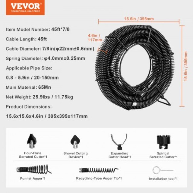 Καλώδιο Καθαρισμού Αποχέτευσης VEVOR 45FTx7/8In & 6 Κόφτες για Σωλήνες 0.8-5.9  FDSDL78IN45YWX6CLV0