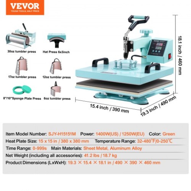Μηχανή Θερμομεταφοράς VEVOR 15x15 8 σε 1 με Πρέσα για Κύπελλα 30oz Πράσινη  YTS30OZ151581LKH3V2