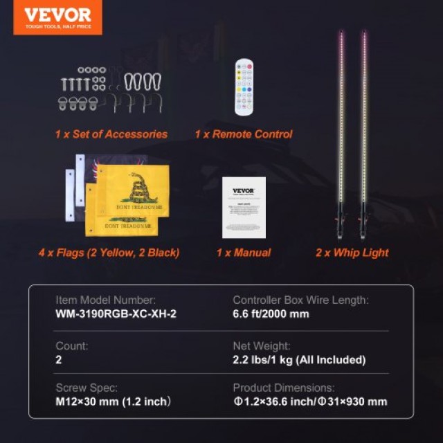 VEVOR Φωτιστικό LED Μαστίγιο 2PCS 3FT RGB με Σημαία και Τηλεχειριστ...