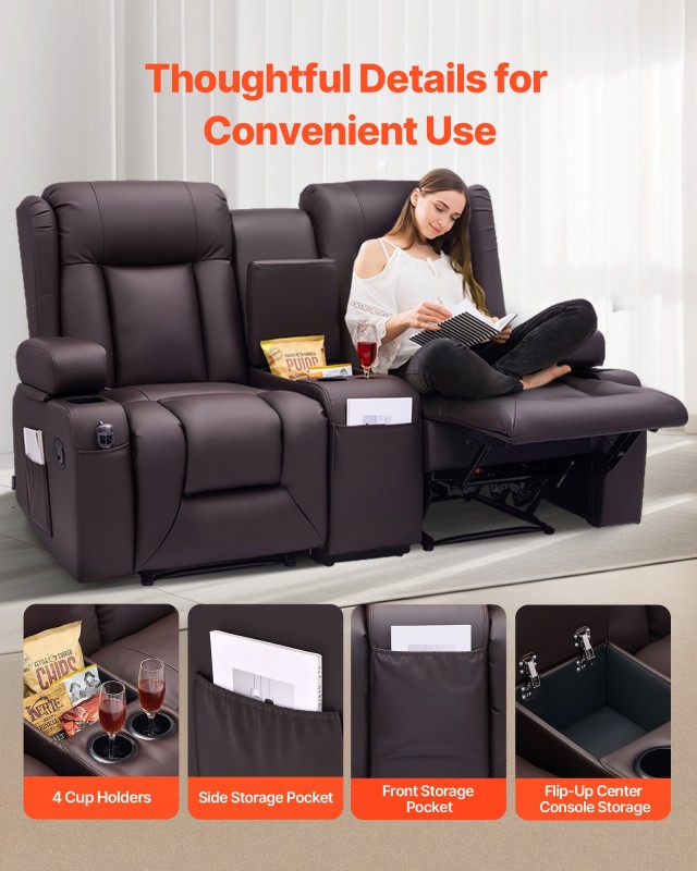 VEVOR Διθέσιος Ανακλινόμενος Καναπές 63x65.55x32.3 - Καφέ, USB, Θήκ...