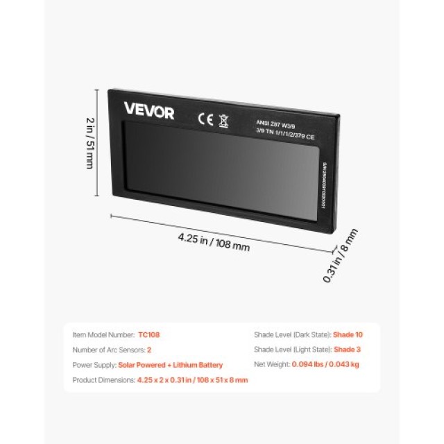 VEVOR Αυτόματη Σκούρυνση Φακού Συγκόλλησης 108 x 51 mm, Απόχρωση 10...