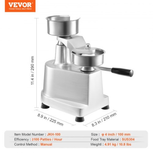 VEVOR Επαγγελματική Μηχανή Μπιφτεκιών, 100mm/4 Ανοξείδωτη Πρέσα Μπιφτεκιών με 1000 Χαρτιά Πατιών  HBRBJYSZLBXGEZ9OPV0