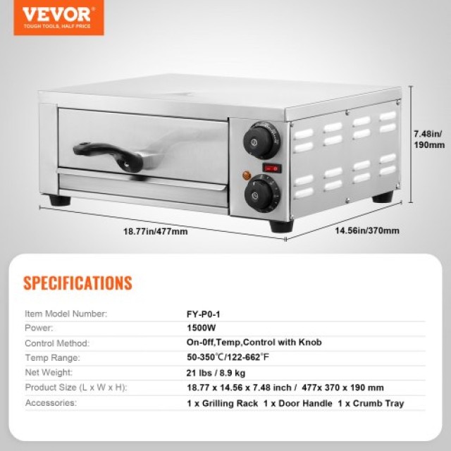 Ηλεκτρικός Φούρνος Πίτσας VEVOR 12 1500W με Ρυθμιζόμενη Θερμοκρασία & Χρονοδιακόπτη  CLMDRPSLDCSXBI3U5V2