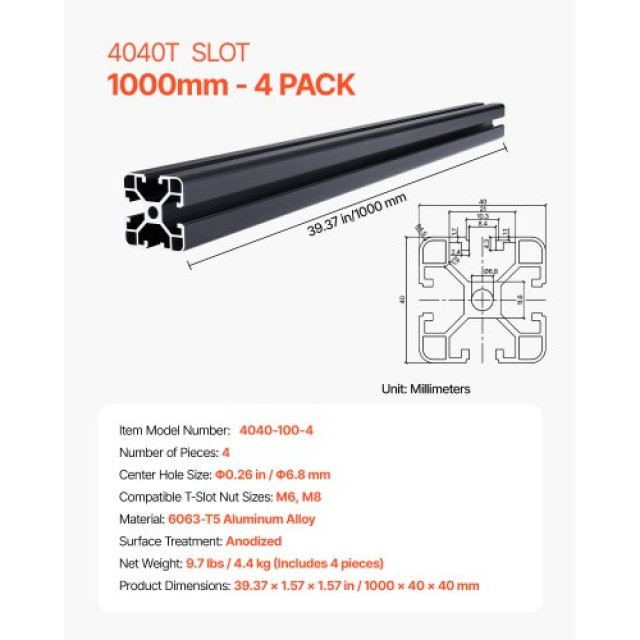 VEVOR 4PCS 1000mm T Slot 4040 Aluminum Extrusion Anodized Rail 4040OBLXCDG4J3XBI001V0