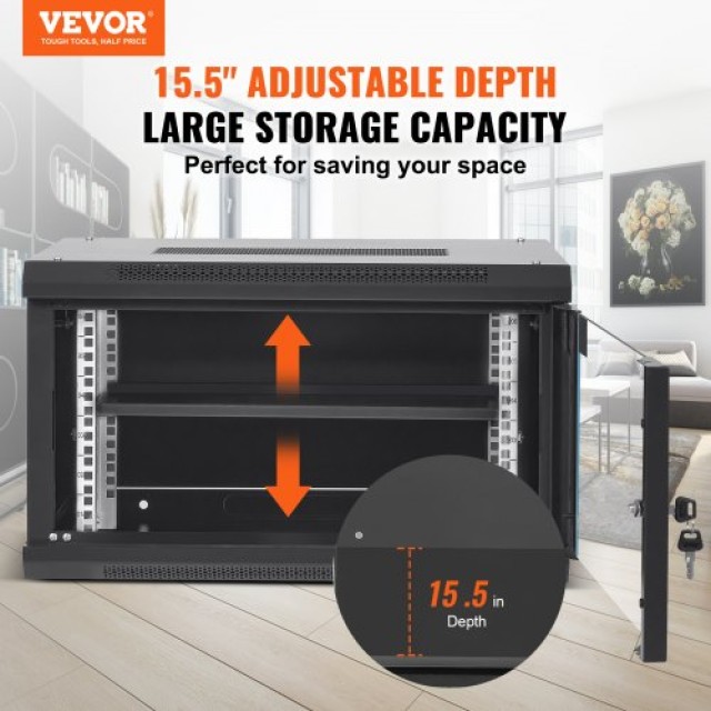 VEVOR 6U Επιτοίχια Ντουλάπα Δικτύου, 15.5 Βάθος, 200 lbs Φορτίο, Κλειδωτή Γυάλινη Πόρτα  WLJJGHBL6U1556GI7V0