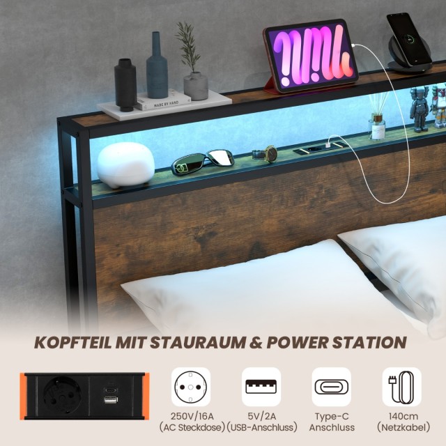 Διπλό Κρεβάτι με LED και Συρτάρια  216 x 144 x 102cm για Στρώμα 140...
