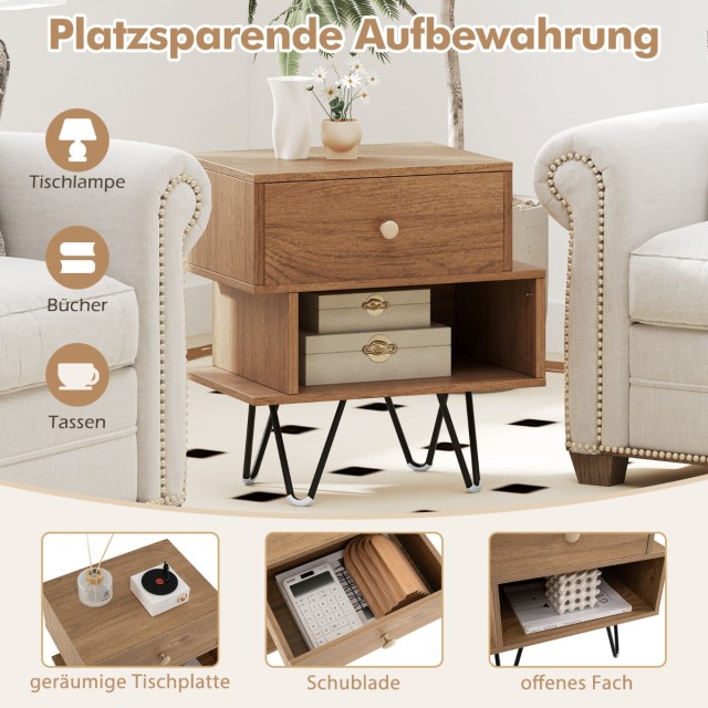 Costway Σετ Κομοδίνων Mid-Century Modern με Μεταλλικά Πόδια και Ευέλικτο Σχεδιασμό Αποθήκευσης HU10941NA-2