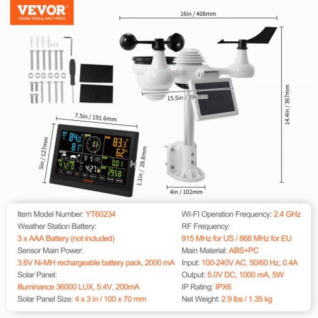 VEVOR 7-σε-1 Wi-Fi Μετεωρολογικός Σταθμός με Έγχρωμη Οθόνη 7.5, Αισθητήρας Εξωτερικού Χώρου με Ηλιακή Ενέργεια, Ειδοποιήσεις Συναγερμού  TYNQ75VAWIFI7T9PDV2