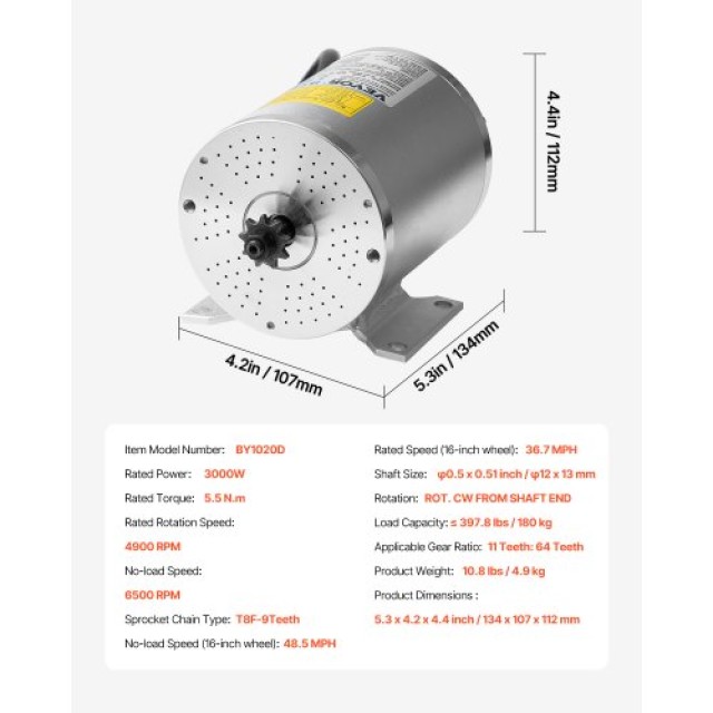 VEVOR 3000W Ηλεκτρικός Κινητήρας Brushless DC 72V 4900rpm για Ηλεκτρικό Ποδήλατο και Μοτοσικλέτα Off-Road ZLWSDJTJ30003774SV9