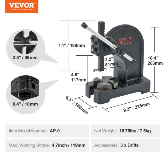 VEVOR  Χειροκίνητη Πρέσα 0.5 Τόνων, Μέγιστο Ύψος 4.6, Χυτοσίδηρος, Για Σφράγιση & Κάμψη  SDKYLJGG05T0AP25JV0