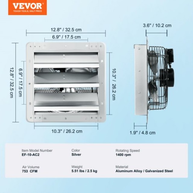 VEVOR Ανεμιστήρας Εξαερισμού Τοίχου 254 mm 753 CFM AC Motor  BYCSPQSDJAC10PBM8V2