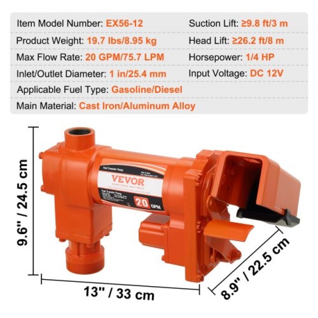 VEVOR Αντλία Μεταφοράς Καυσίμου 12V DC, Υψηλής Ροής 20 GPM, 1/4 HP ...